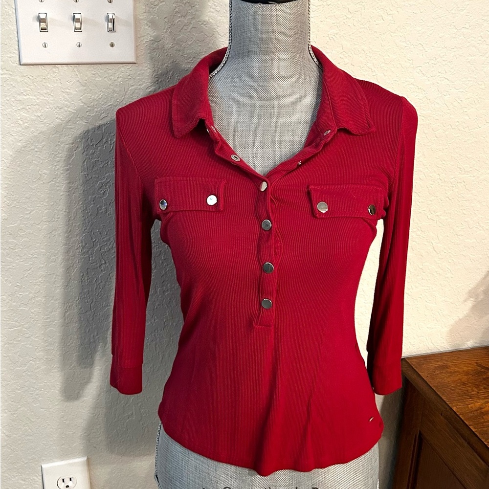 Guess Red Button-Up Ribbed Henley Top